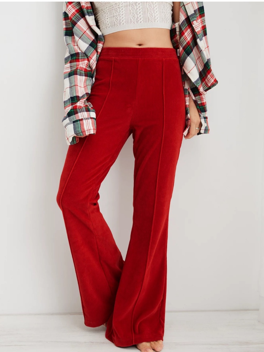 Aerie Flared Velour Groove On Ribbed Burnt Orange in Sun-Dried High Rise Pants